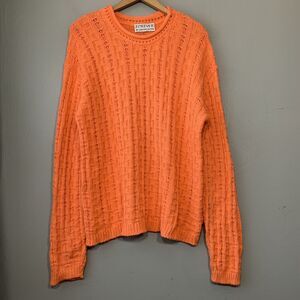Vintage 80s Cotton Sweater Size Large Orange Roll Neck Hem Fisherman Dopamine